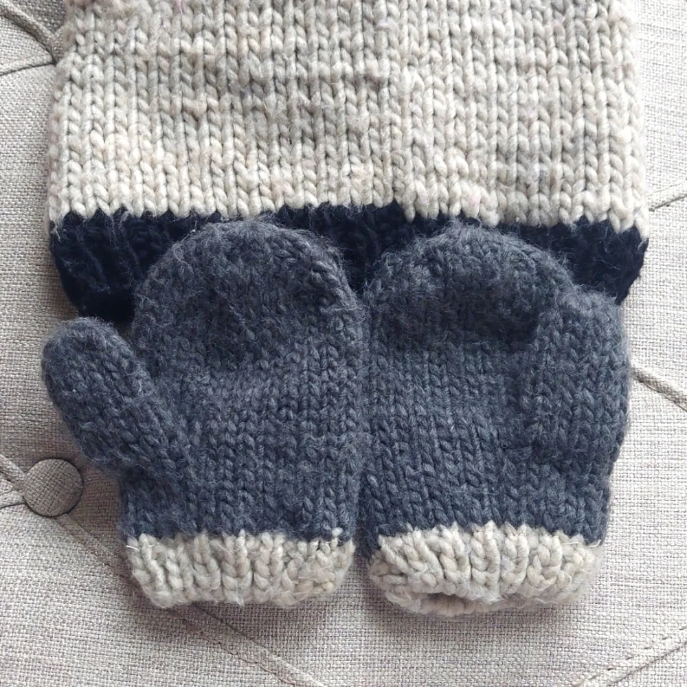 Toddler Bear ears Beanie Hat and Mitten Set - cream gray - size 3-6